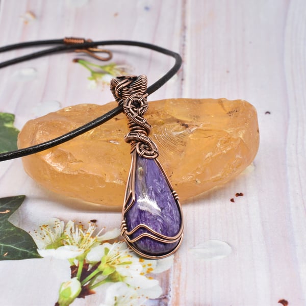 Wire Wrapped Charoite and Copper Pendant