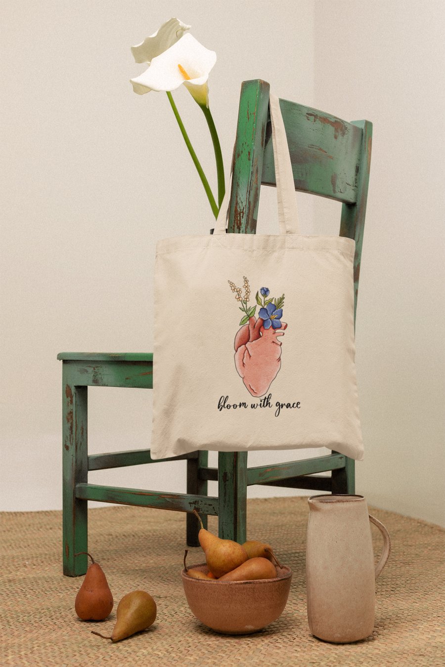Bloom with grace tote bag, Handmade tote bag, 100% Cotton