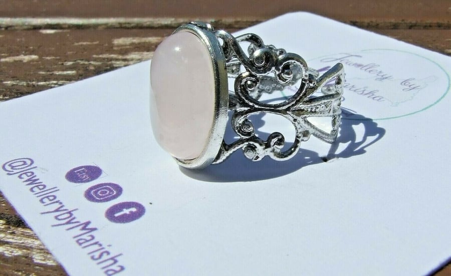 Pink Rose Quartz Reiki Tibetan Silver Filigree-Style Adjustable Ring in Gift Box