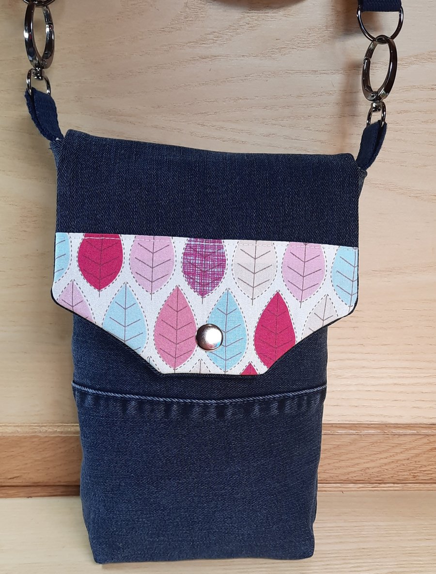 Dark-Blue Denim Cross Body Bag Finished With Pink & Turquoise Lining