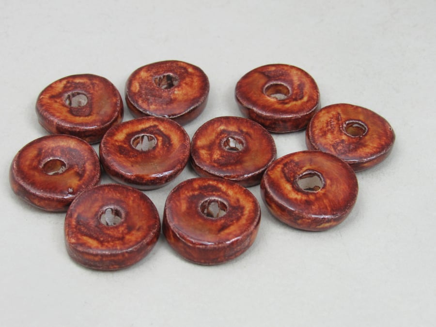 10 Medium Bright Copper Glazed Ceramic Washer Beads
