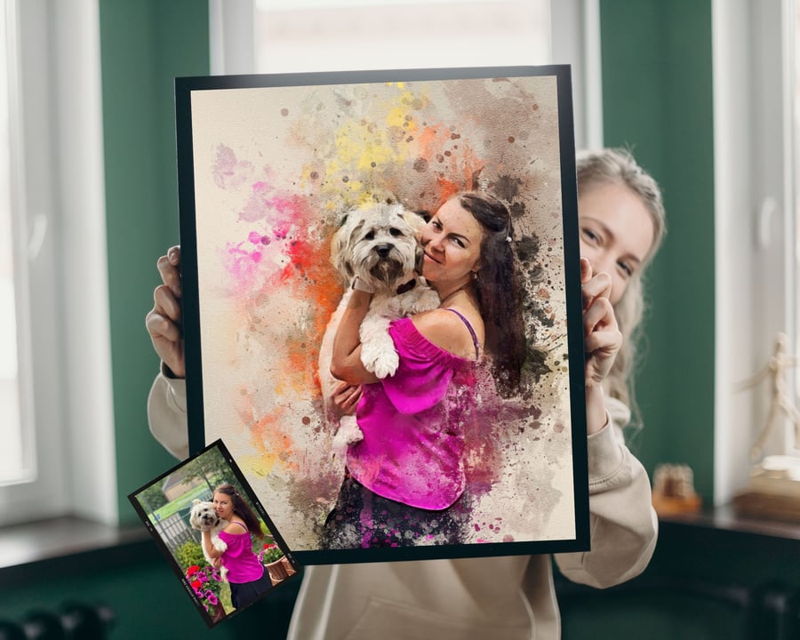Custom Pet and Owner Portrait from Photo, Custom Picture to Painting