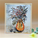 Blank Greetings Card, Flowers in an Amber Glass Vase, Blank for own message. 