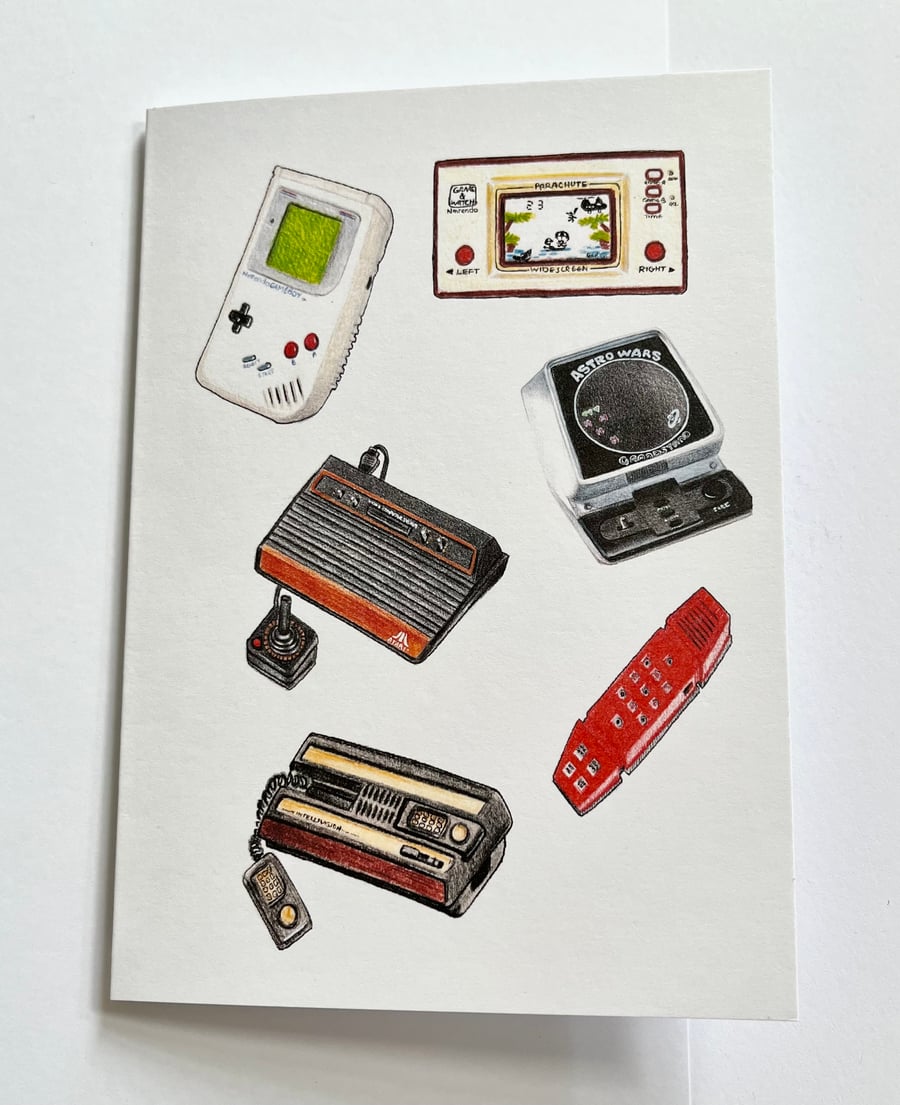 Retro electronic games greeting card - blank inside - 7x5 inches