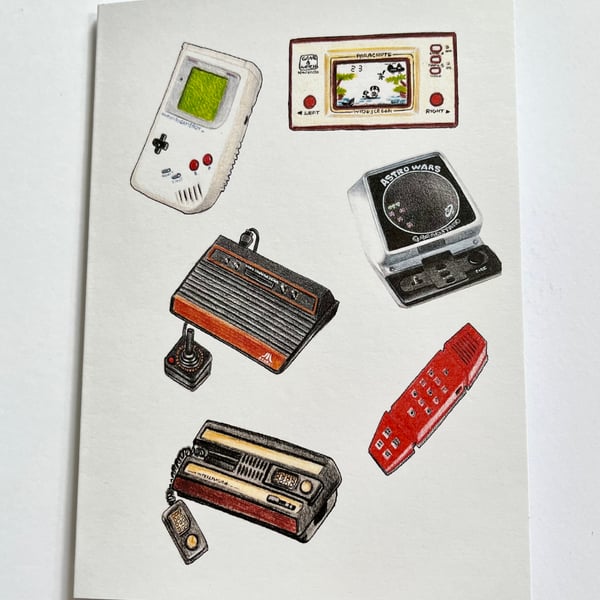 Retro electronic games greeting card - blank inside - 7x5 inches