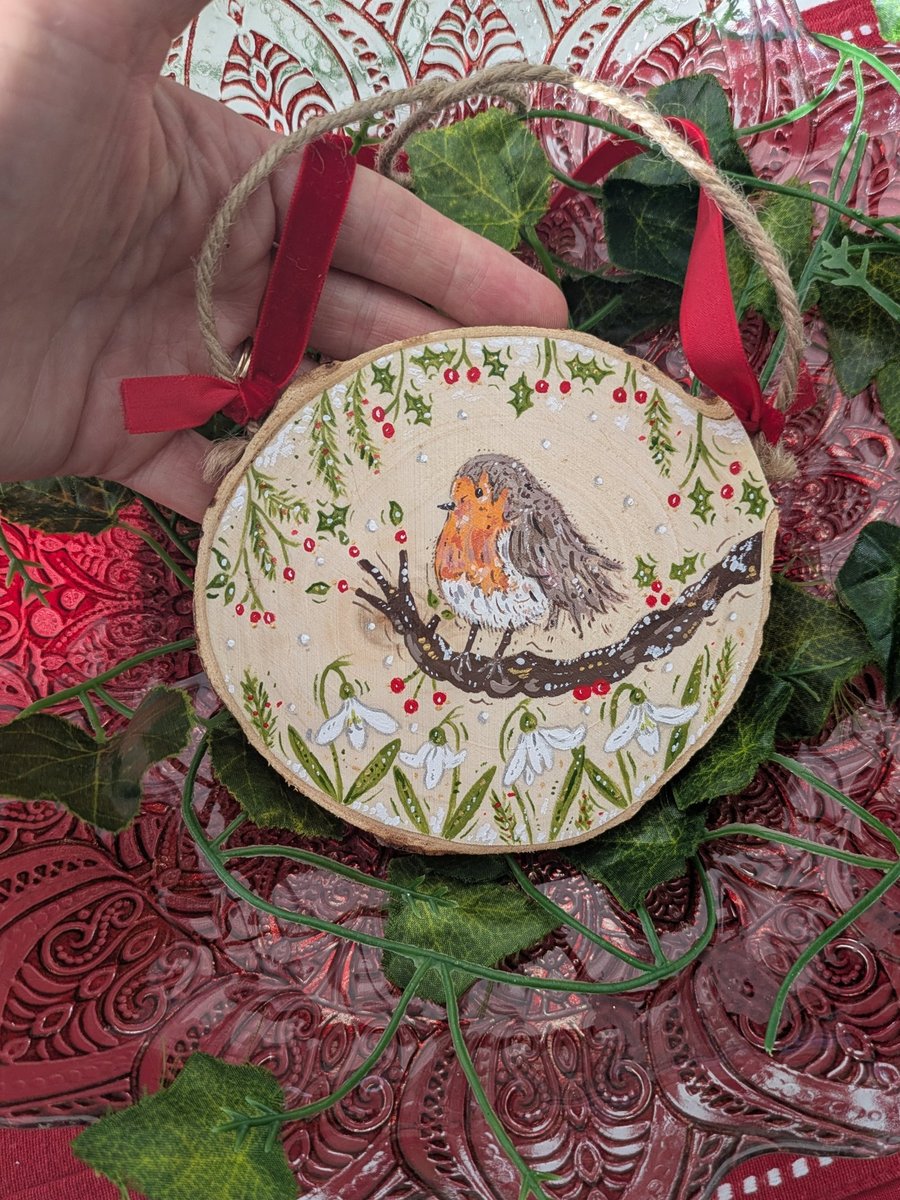 Robin and snowdrop hand-painted log slice Christmas decoration 