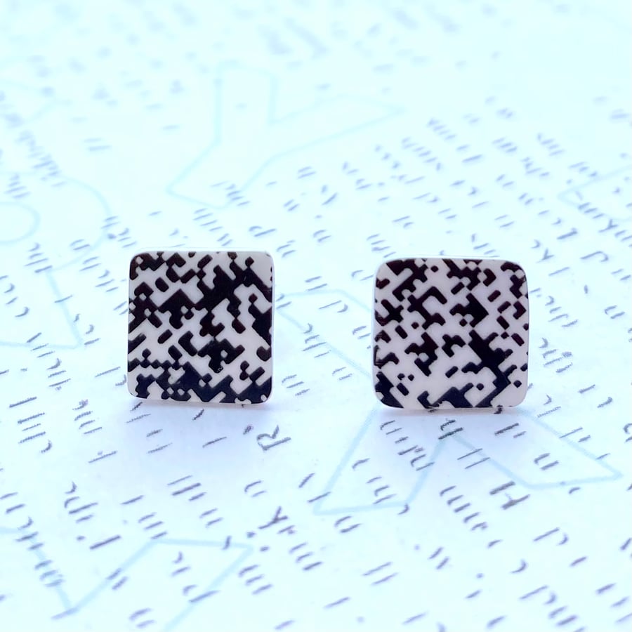 Recycled plastic QR code black & white square stud earrings
