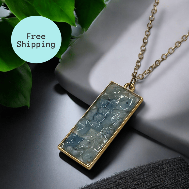 Aquamarine Rose Gold plated Rectangle Worry Stone Necklace - Free Postage