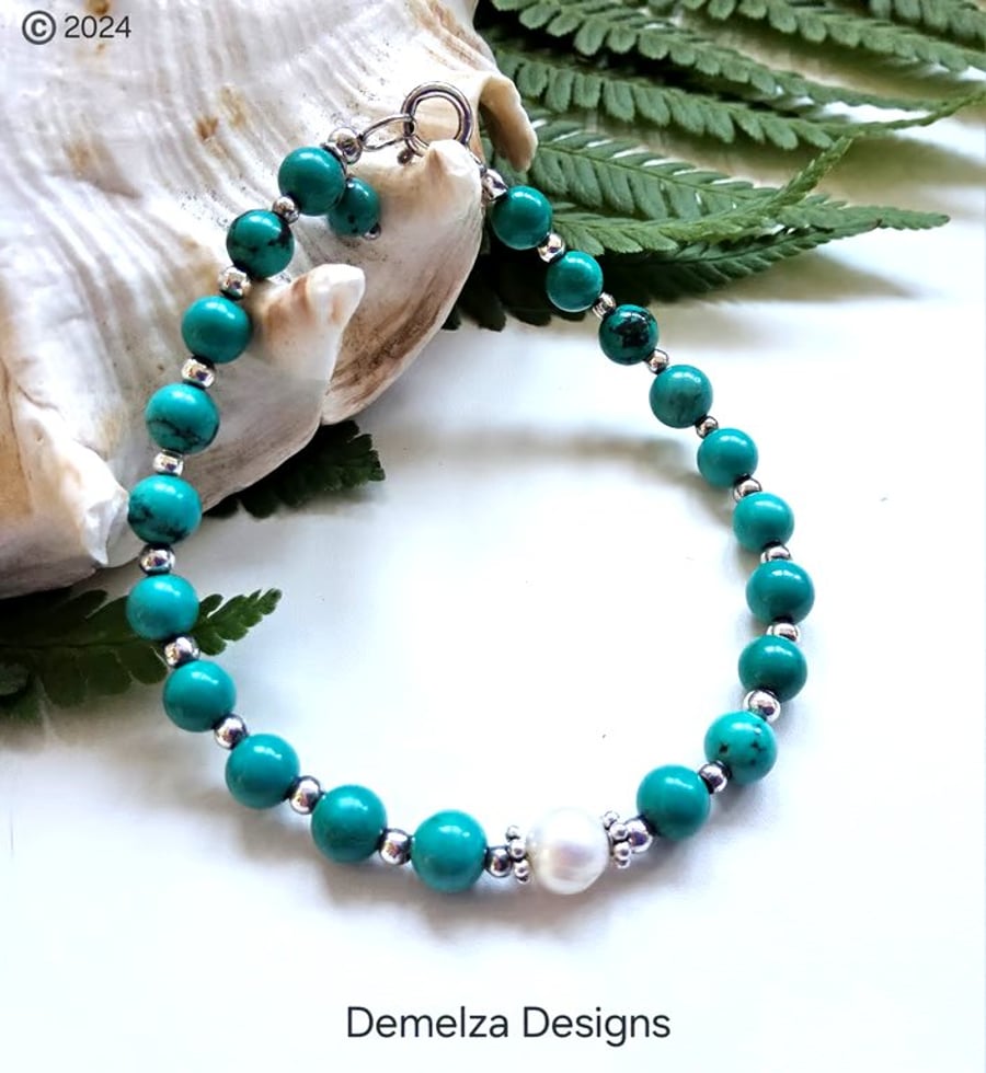 Turquoise & Freshwater Culture Pearl Sterling Silver Bracelet 