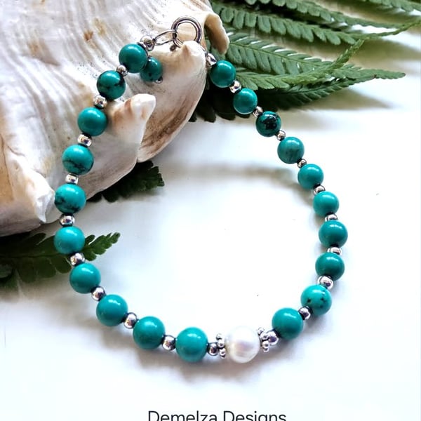 Turquoise & Freshwater Culture Pearl Sterling Silver Bracelet 