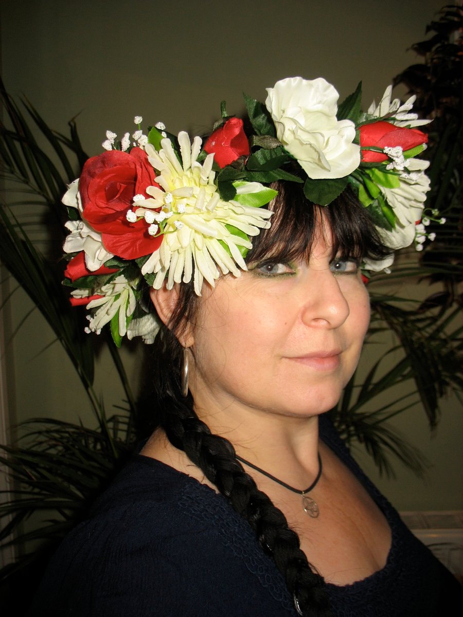 Lovely red rose, white rose and green dahlia floral headdress headband