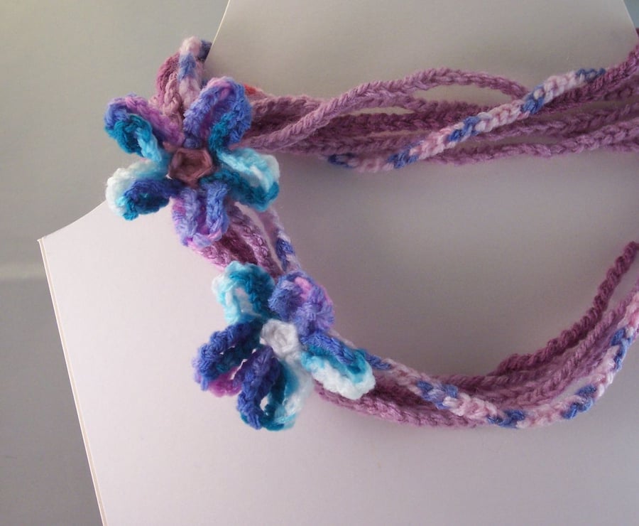 Crochet multi strand hippy necklace with flowers - Lilac