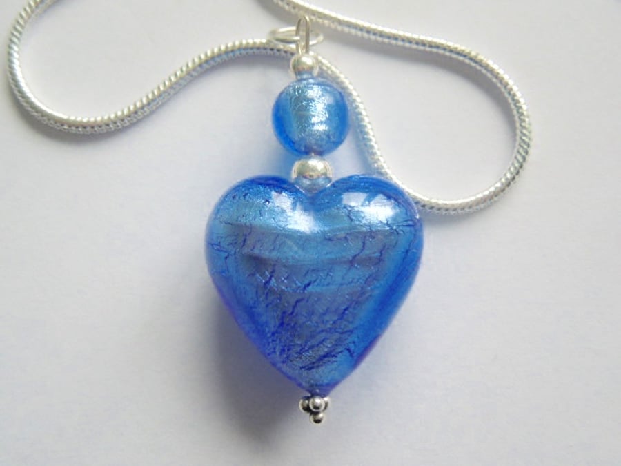 Blue Murano glass heart pendant with sterling silver.