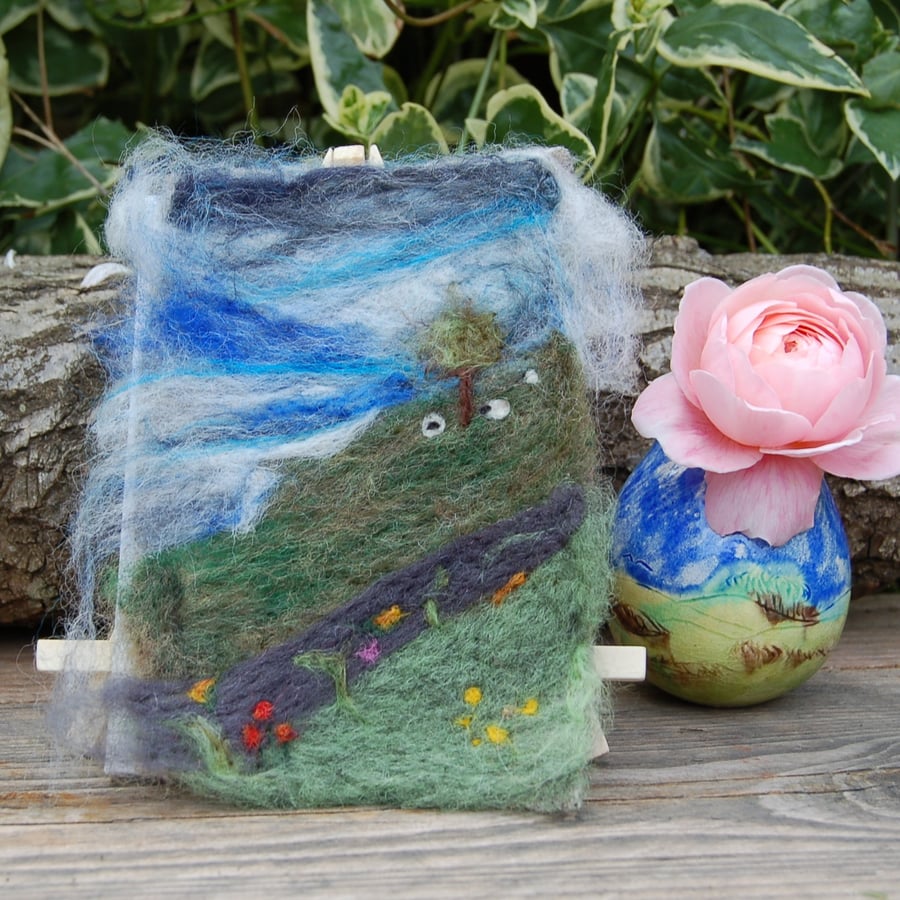 Needle felted picture - Yorkshire Dales Landscape, dry stone wall and  Sheep
