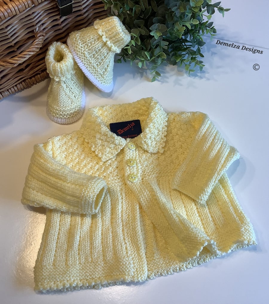 Lemon Hand Knitted Cosy Girl's Jacket-Cardigan & Booties Set  0-6 months size