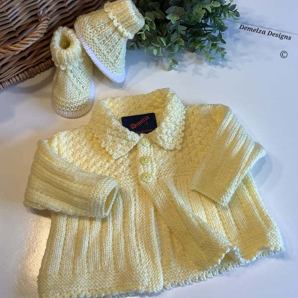 Lemon Hand Knitted Cosy Girl's Jacket-Cardigan & Booties Set  0-6 months size