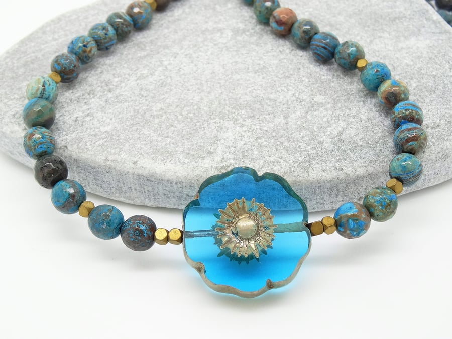 Jasper Necklace, Floral Necklace, Blue Necklace, Handmade Jewellery.
