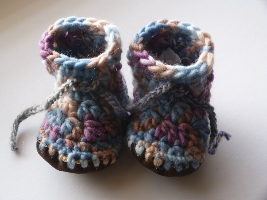 Wool & leather baby boots - Blue brown - 6-12 months