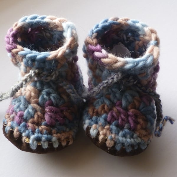 Wool & leather baby boots - Blue brown - 6-12 months