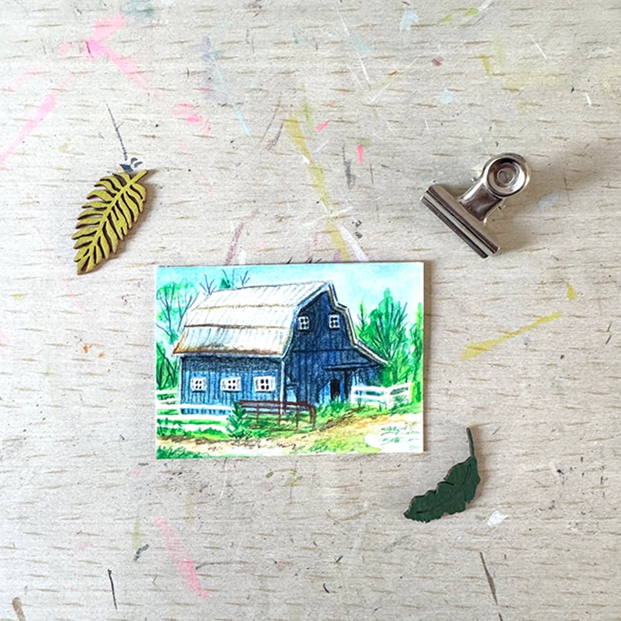 Blue Barn Miniature Original ACEO painting - One of a kind