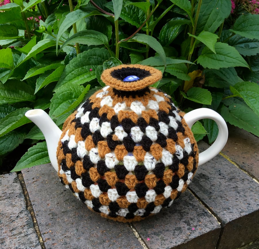 Primitive Folk Art Tea Cosy, Granny Stripe Crochet Teapot Cosy