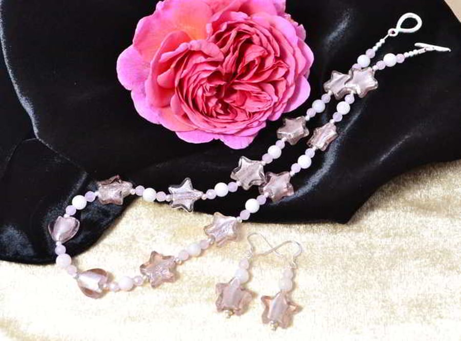 Rose Quartz & Murano Glass Stars Jewellery Set