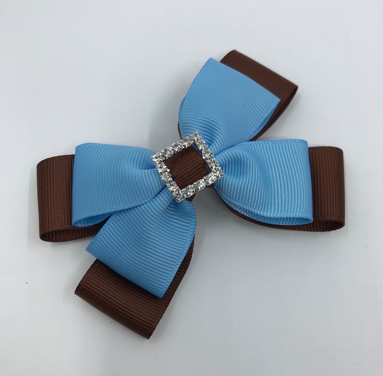Brown and Light Blue Double Layer Bow on Clip