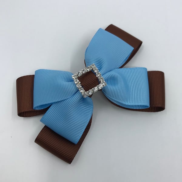 Brown and Light Blue Double Layer Bow on Clip