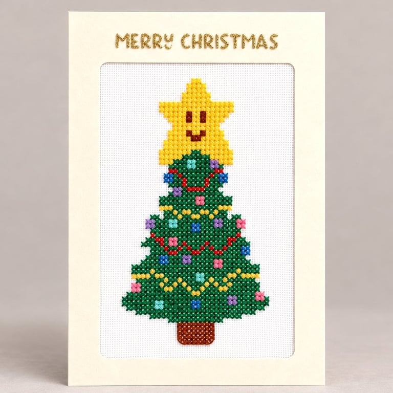 Handmade Cross Stitch Smiley Christmas Tree Card – 8 x 6 Inch