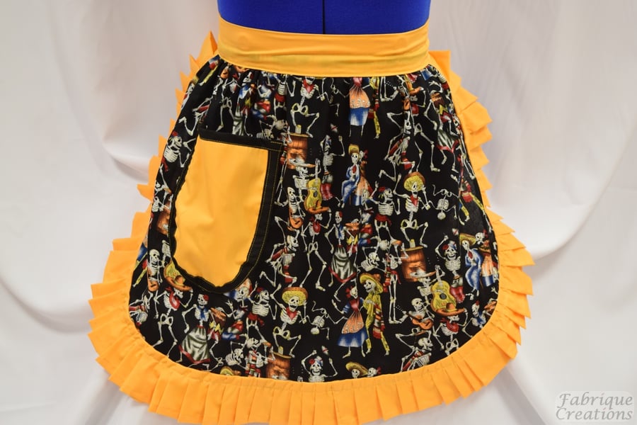 Vintage 50s Style Half Apron - Day Of The Dead With Orange Trim