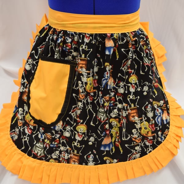 Vintage 50s Style Half Apron - Day Of The Dead With Orange Trim
