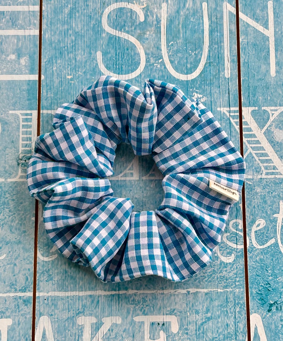 Blue and white check gingham scrunchie