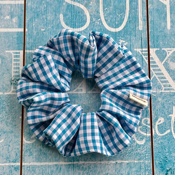 Blue and white check gingham scrunchie