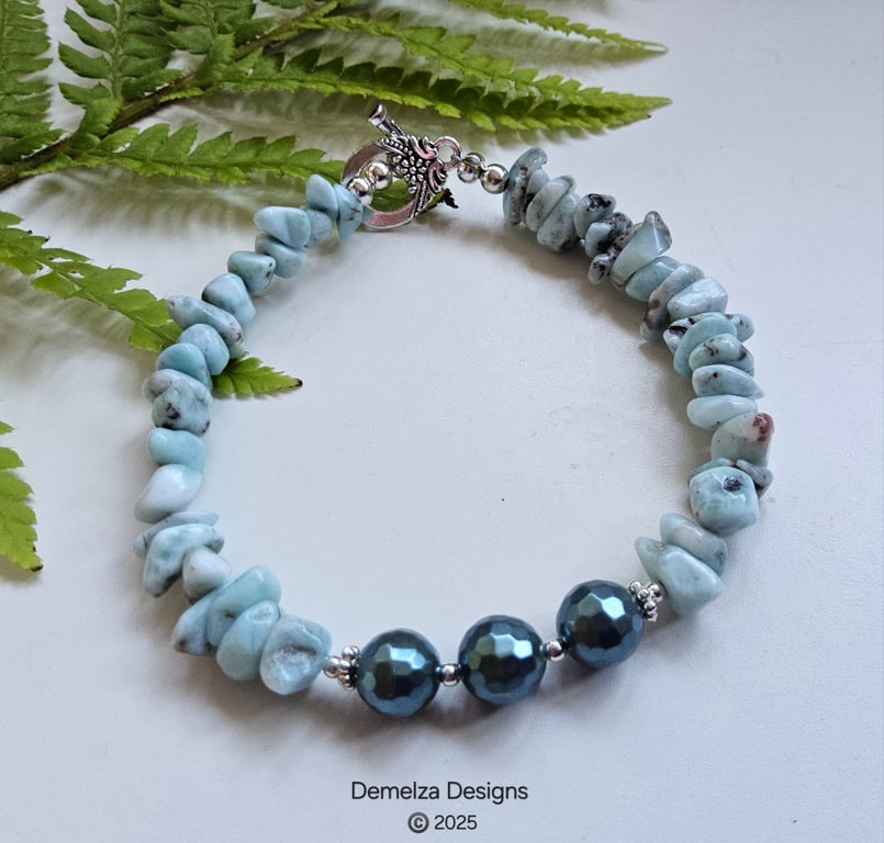 Designer Larimar & Faceted Shell Pearl Silver Plated Bracelet