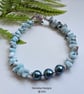 Designer Larimar & Faceted Shell Pearl Silver Plated Bracelet