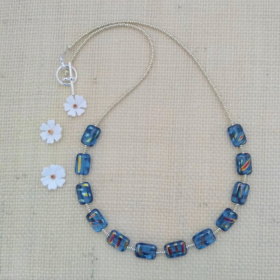 Dusty Blue Rectangle Rainbow Stripe Czech Glass Beaded Necklace