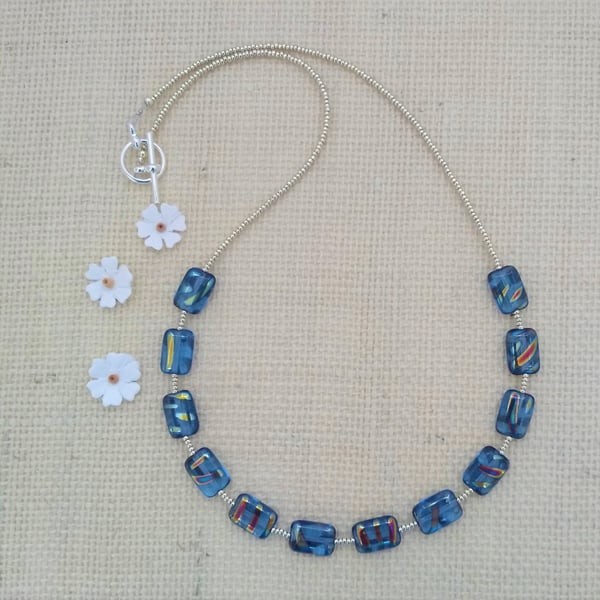 Dusty Blue Rectangle Rainbow Stripe Czech Glass Beaded Necklace