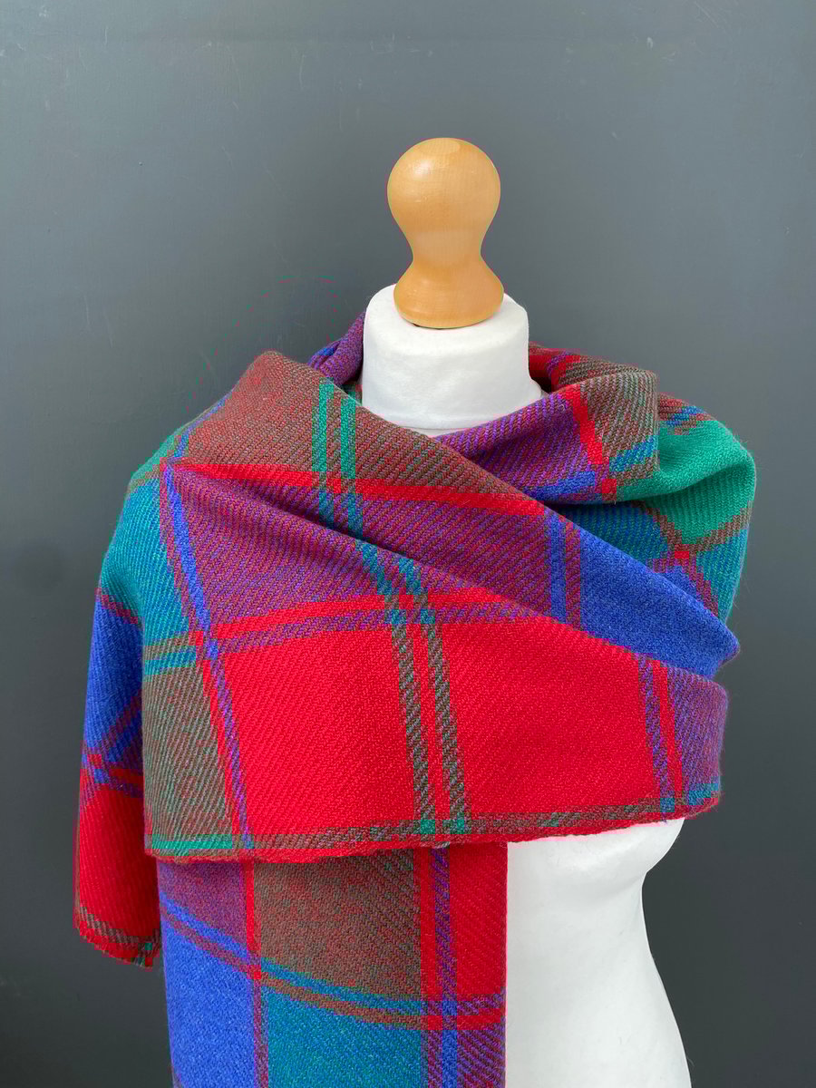Handwoven luxury tartan red, green and blue merino lambswool shawl