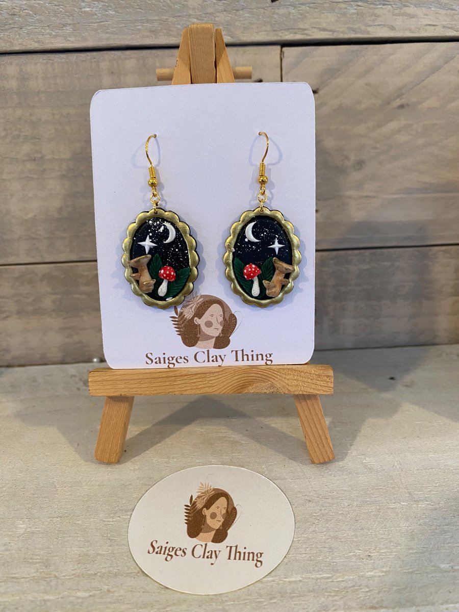 Mushroom Earrings Moon Star Cottage core Dangle Earrings  Polymer Clay Whimsical