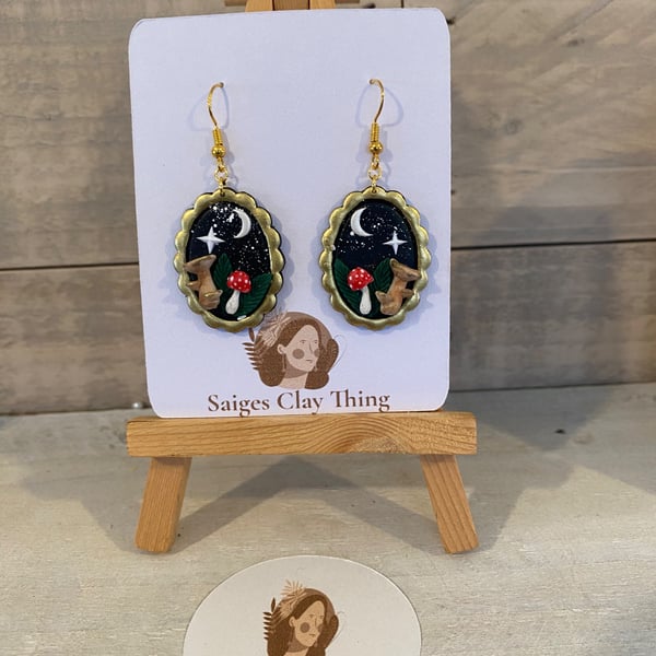 Mushroom Earrings Moon Star Cottage core Dangle Earrings  Polymer Clay Whimsical