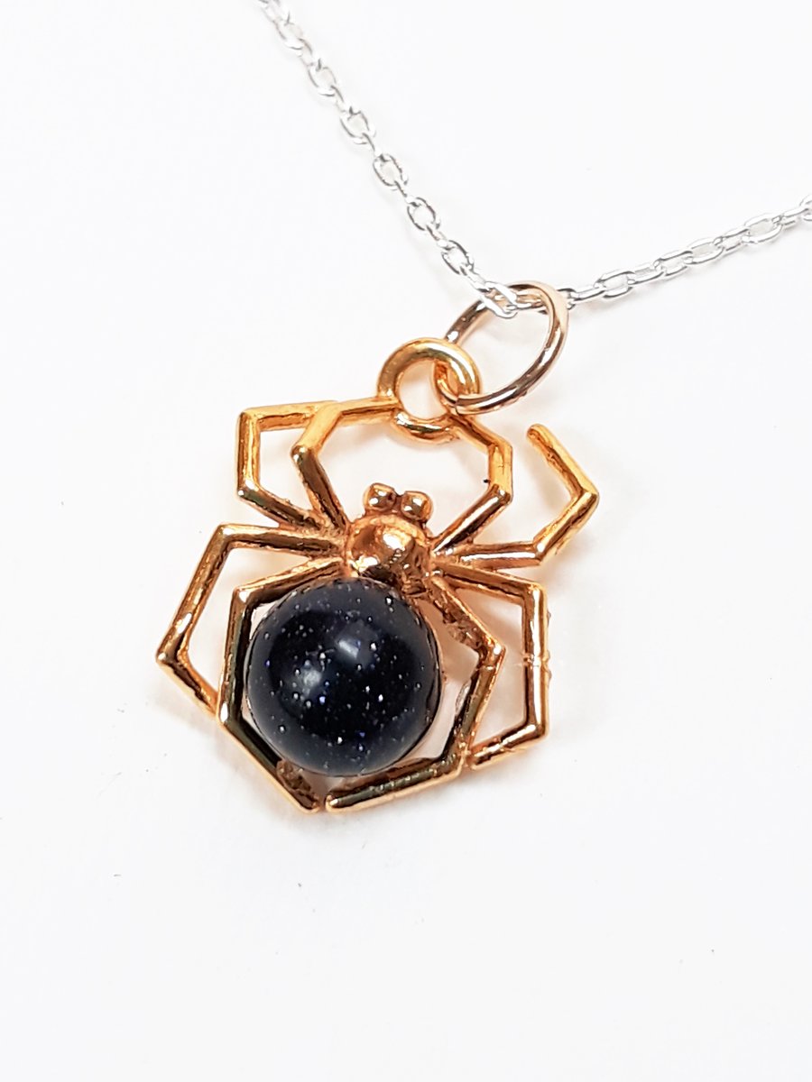 Gold Spider Necklace, Blue Goldstone, 24ct Gold Plated Sterling Silver Pendant