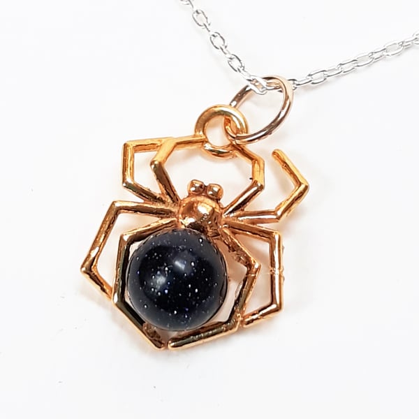 Gold Spider Necklace, Blue Goldstone, 24ct Gold Plated Sterling Silver Pendant