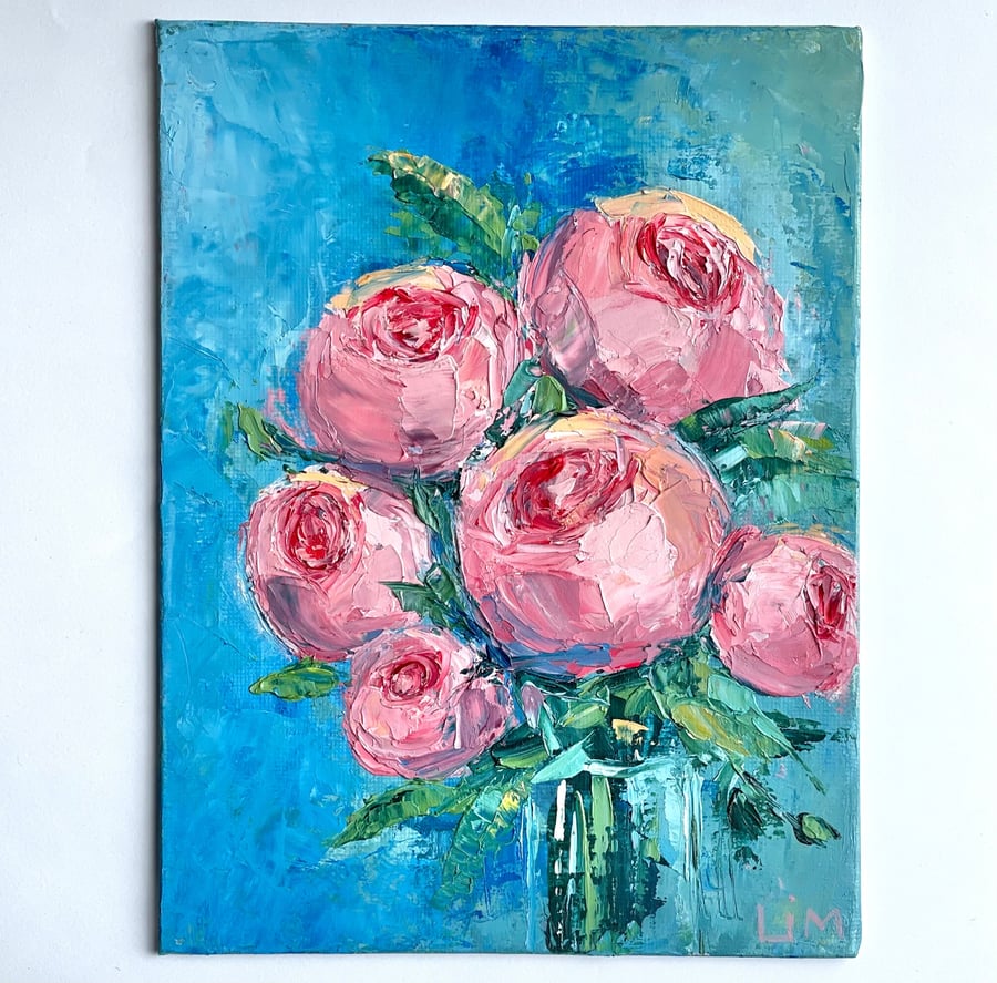 Peony Impasto Painting Original Floral Still Life Wall Art Flower Peonies Small 