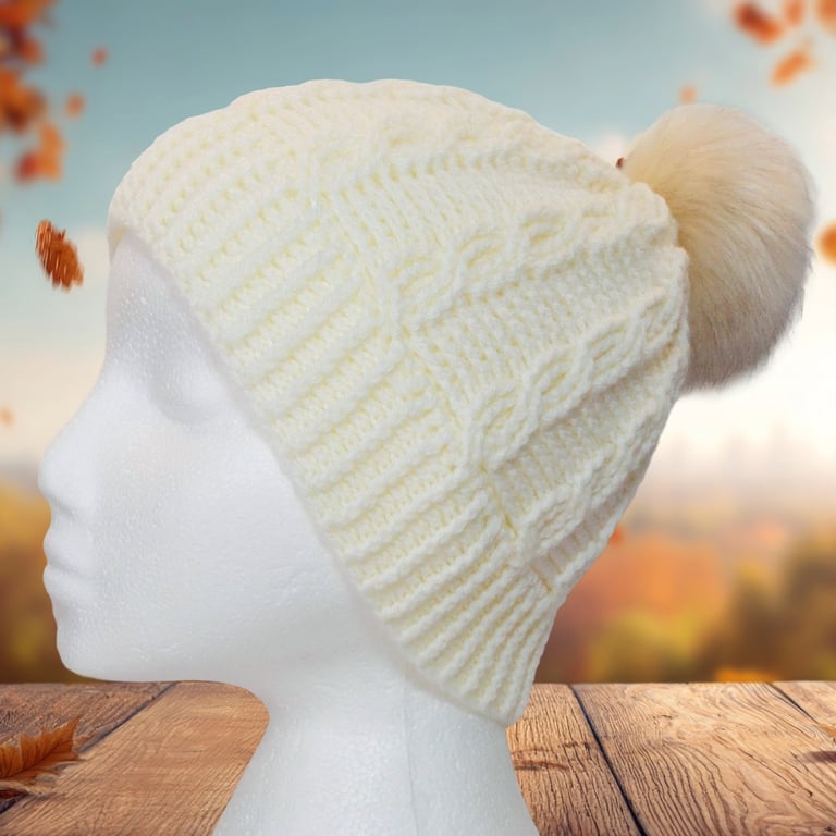 Crochet hat, beanie. Cream ladies cable pom pom hat. Ladies hat.