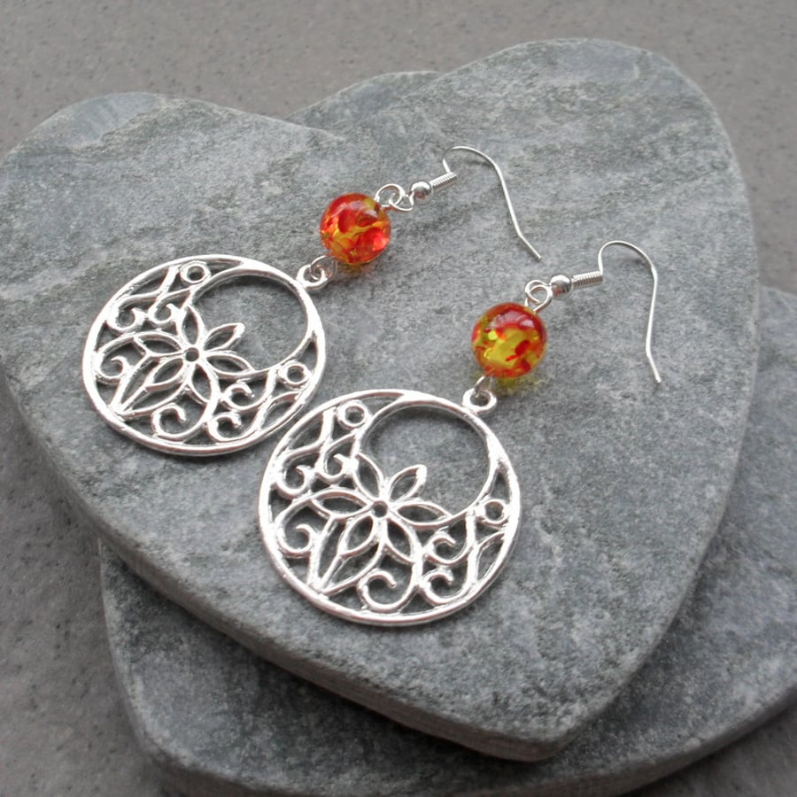 Silver Plated Flower Pattern Disc Earrings With Resin Bead 