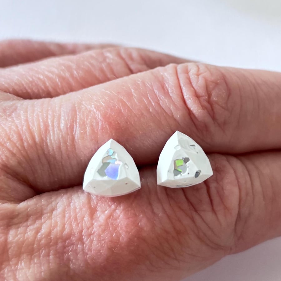 White and Silver Glitter Triangle Stud Earrings, Minimalist Earrings 