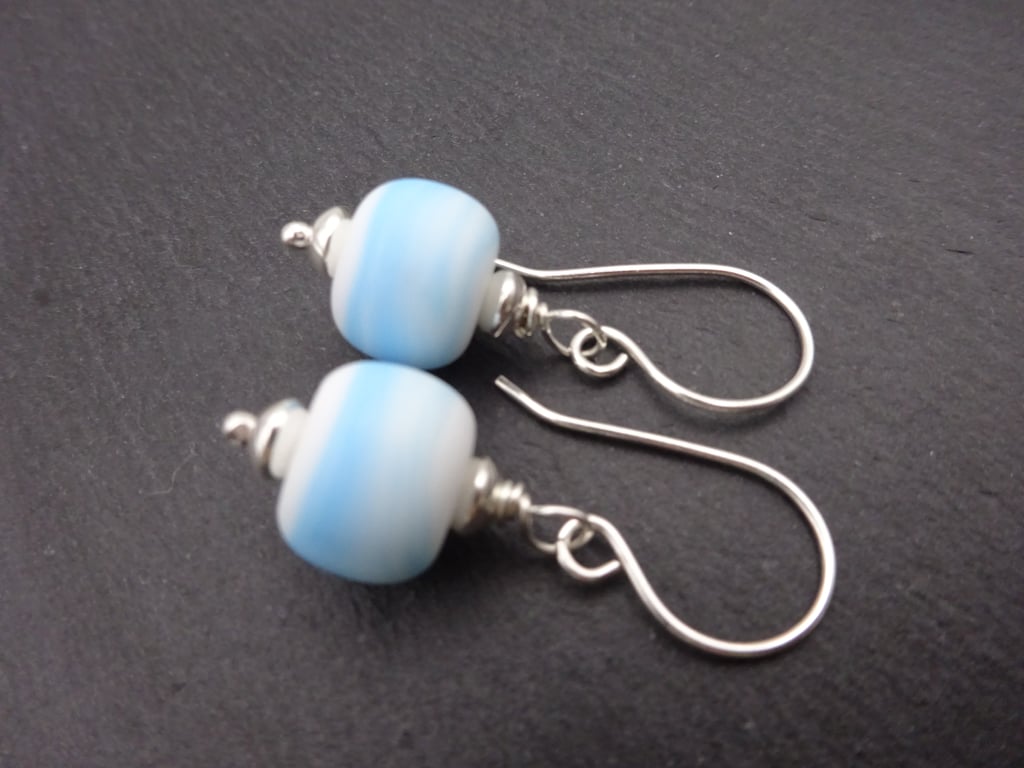lampwork glass earrings, blue and white, sterling silver jewellery