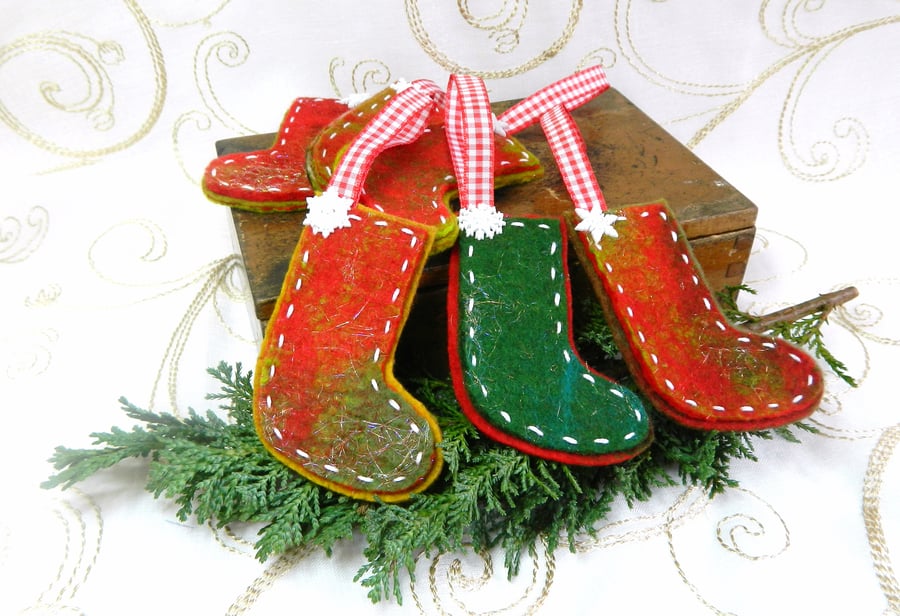 Set of Three Handmade Felt Red Green Christmas Stockings Tree Decorations