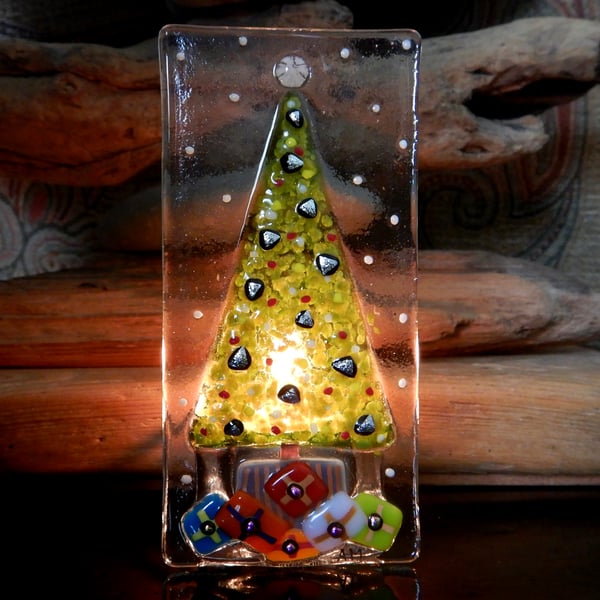Handmade Fused Glass 'Christmas Tree' T Light Holder