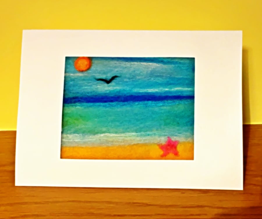 Needle Felted Greeting Card, One of a kind card, beach scene card, sea scene